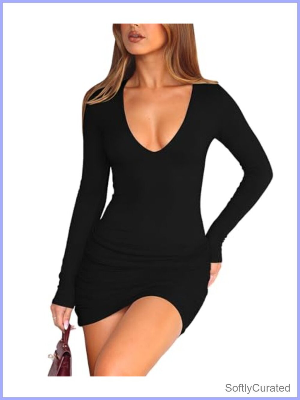 Women Long Sleeve Bodycon Mini Dress Deep V Neck Ruched Club Party